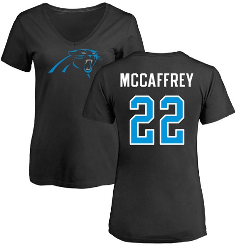 Carolina Panthers Black Women Christian McCaffrey Name and Number Logo Slim Fit NFL Football #22 T Shirt->nfl t-shirts->Sports Accessory
